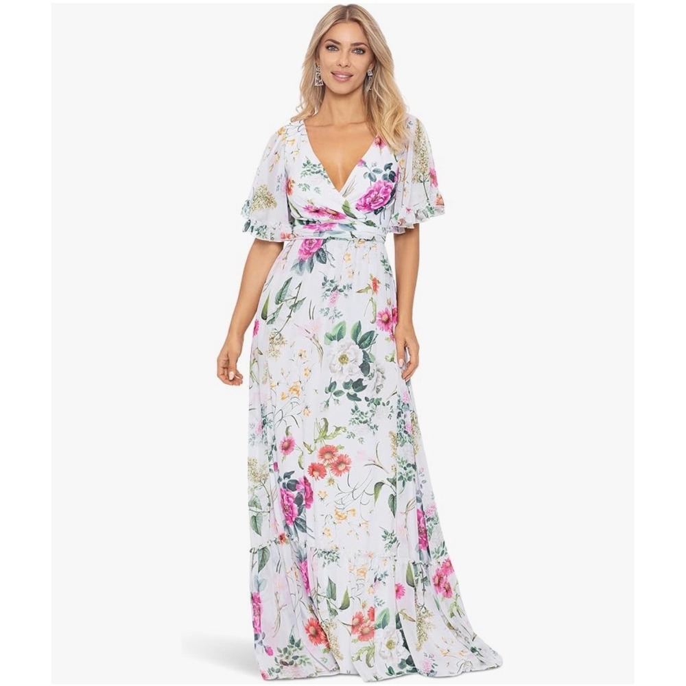 Betsy & Adam Floral Maxi Dress 6 White Pink Flutter Sleeve Gown